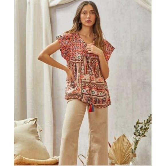 Savanna Jane Women's Multicolored Print Babydoll Top - Picture 2 of 9